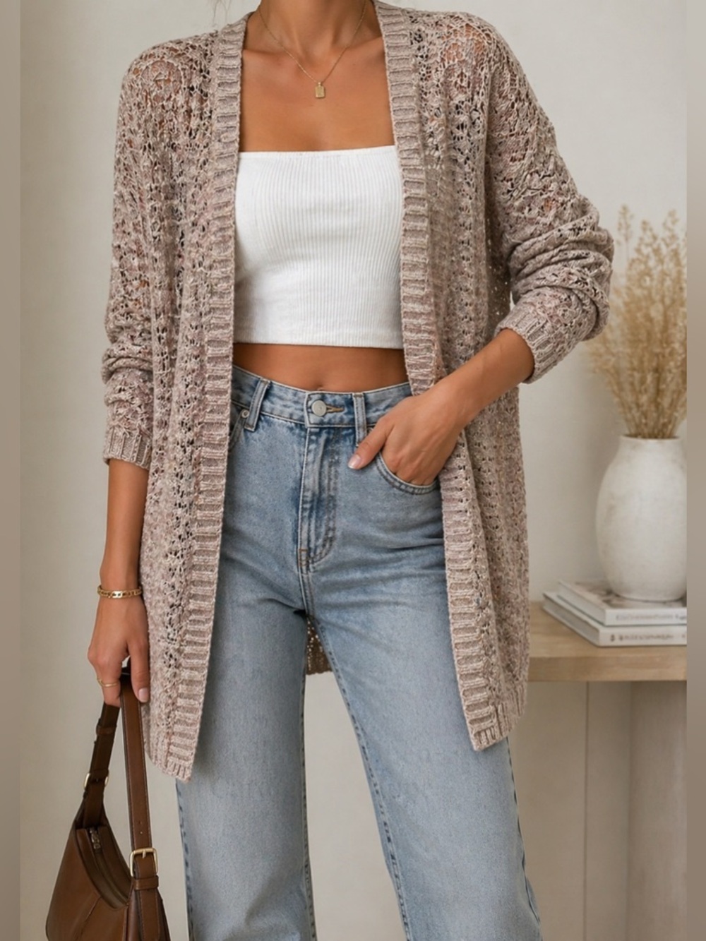 Jessica Simpson Open-Front Knit Cardigan - Taupe